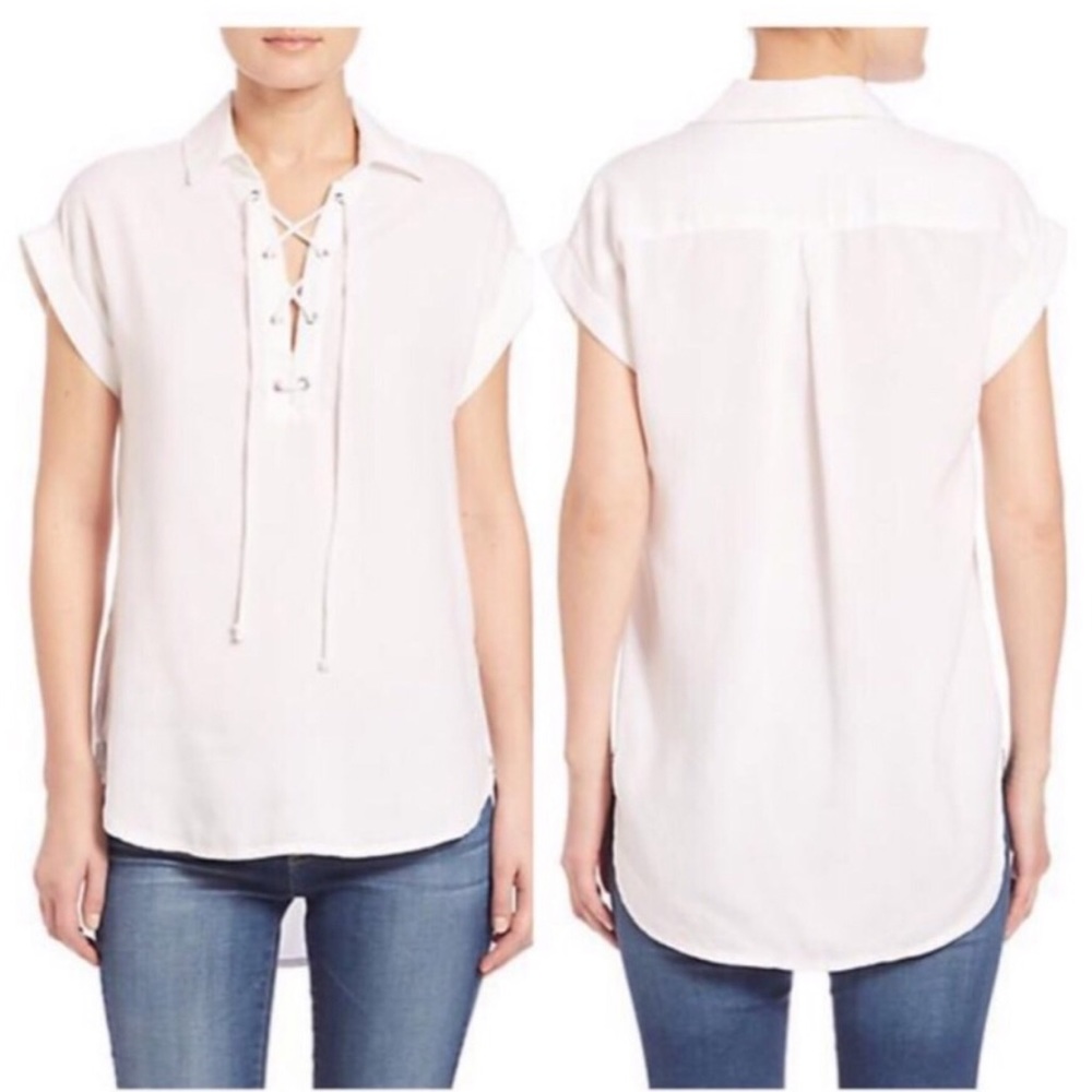 BELLA DAHL lace up white cap sleeve blouse